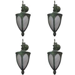 Outstanding Set of Four 19th Century Bronze Green Leaded Glass Lanterns