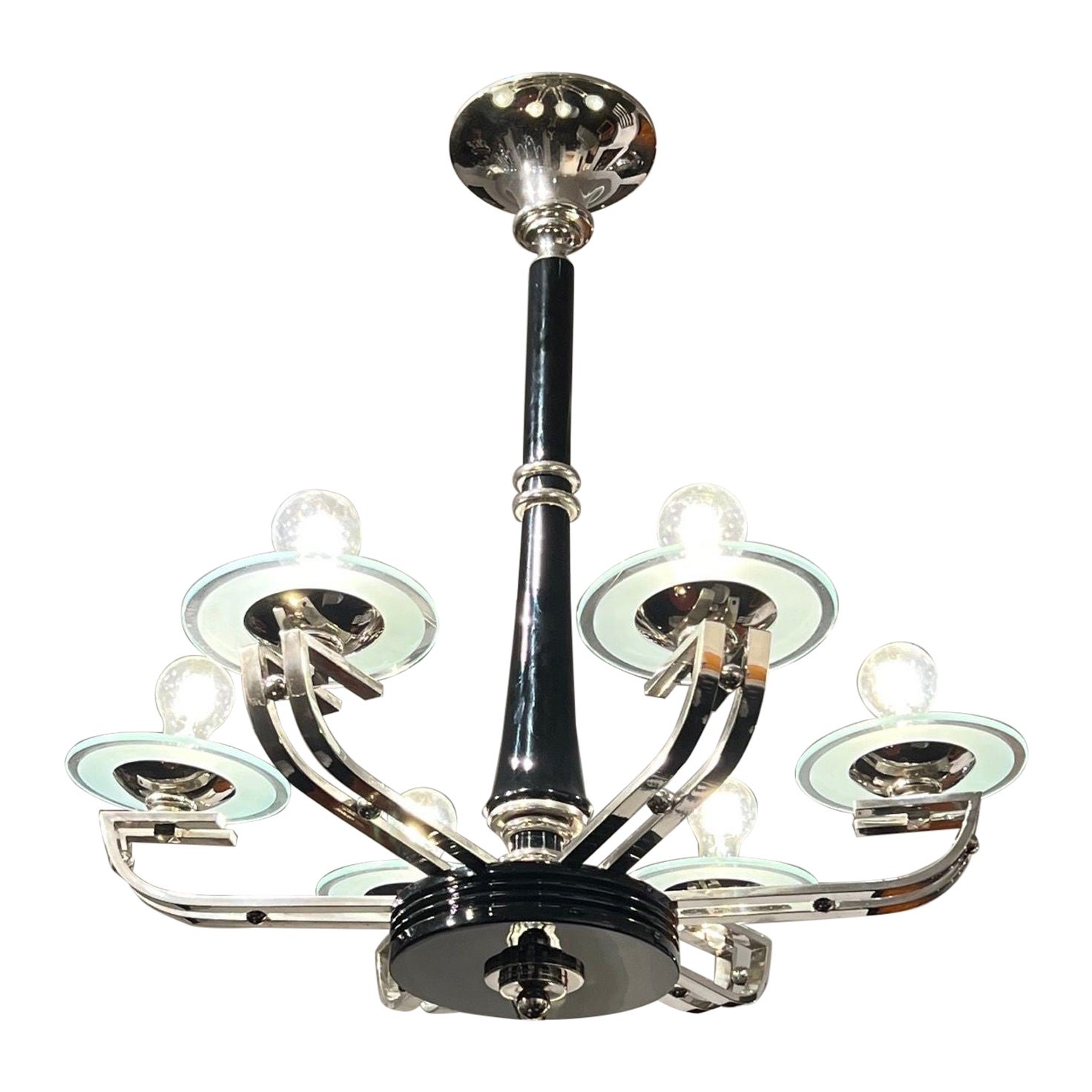 Araña Art Decó, laca negra, cromo, cristal, Francia circa 1930