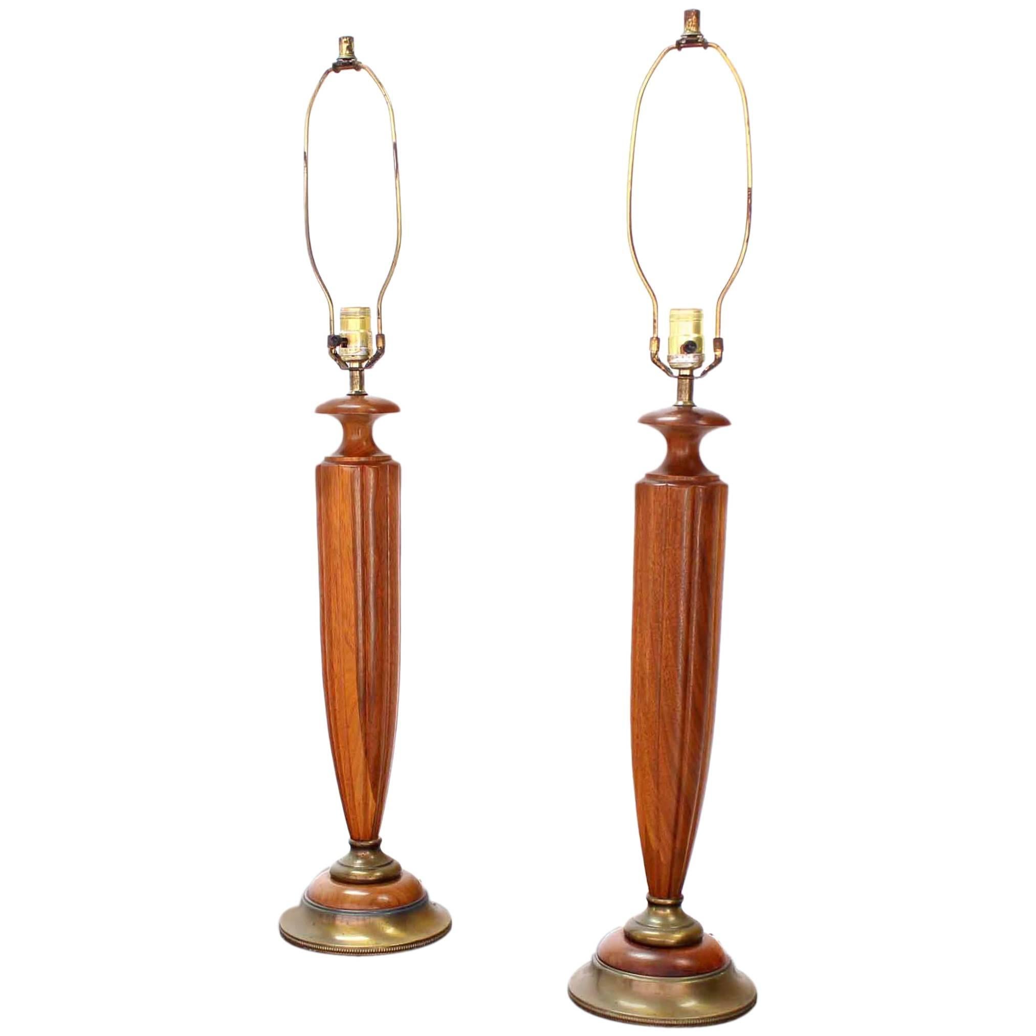 Pair of Heavy Carved Walnut and Brass Mid-Century Modern Table Lamps