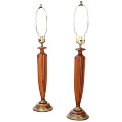 Pair of Heavy Carved Walnut and Brass Mid-Century Modern Table Lamps