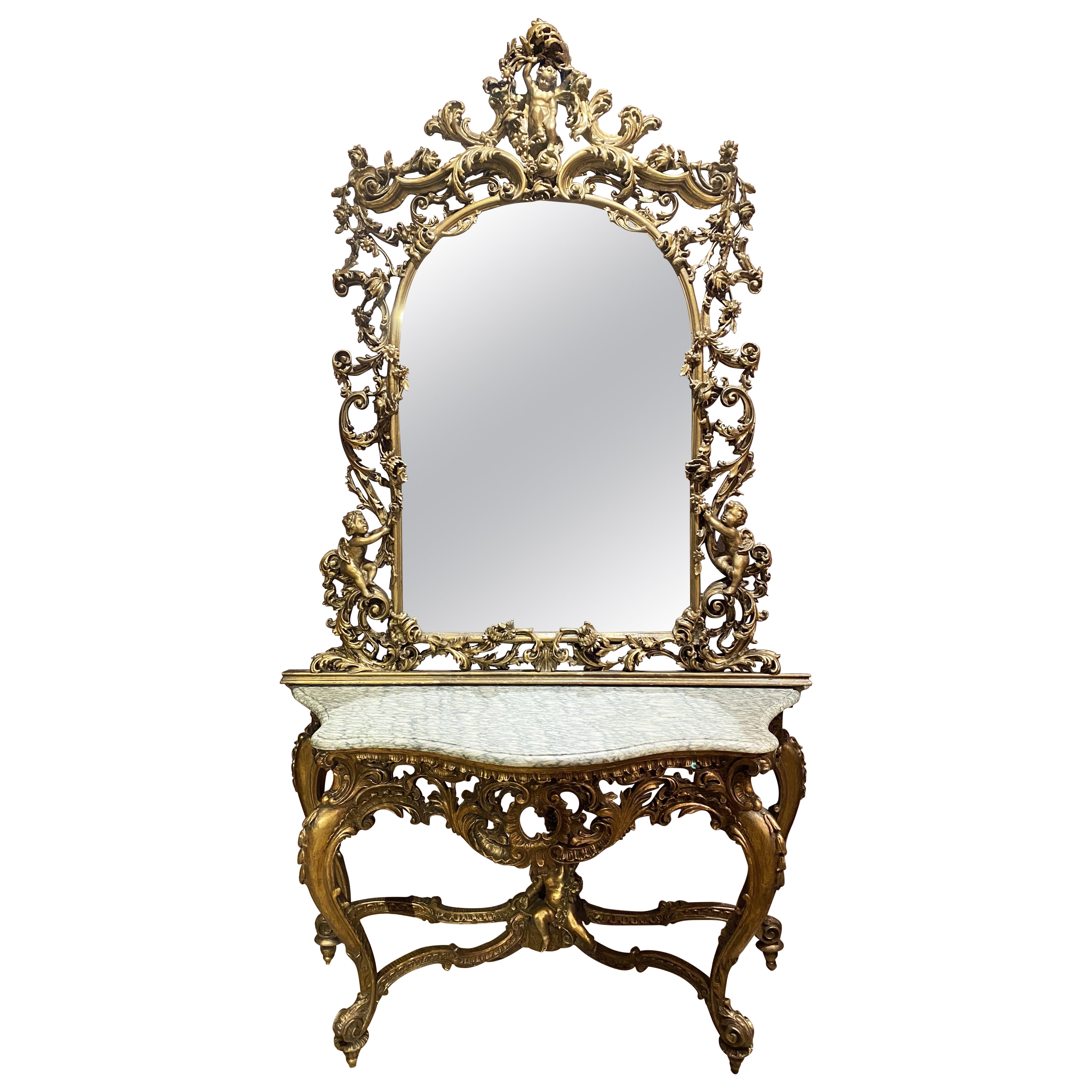 Louis XV Stil geschnitzt Giltwood Marmorplatte Konsole mit Spiegel En Suite
