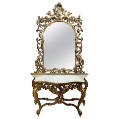 Louis XV Stil geschnitzt Giltwood Marmorplatte Konsole mit Spiegel En Suite