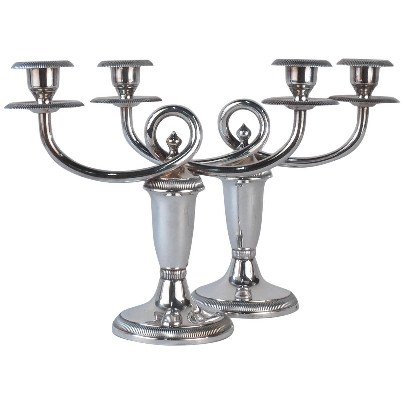 Pair of Christofle Gallia Silver Plated Double Candleholders or Candelabra