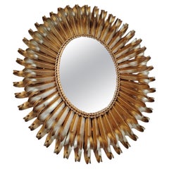 French Gilded Oval Wood Starburst Sunburst Mirror