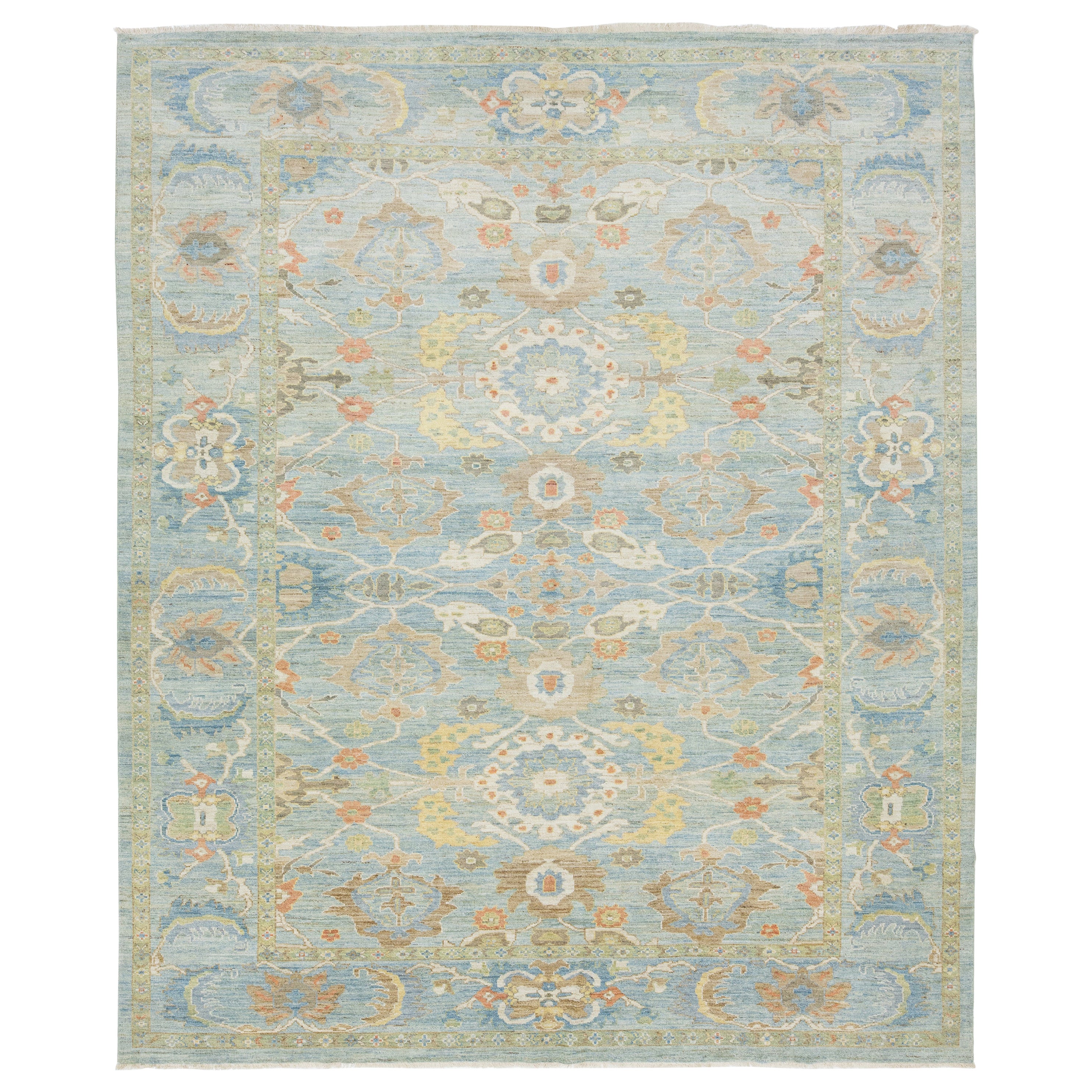 Apadana's Modern Sultanabad Blue Wool Rug Handmade With Floral Design