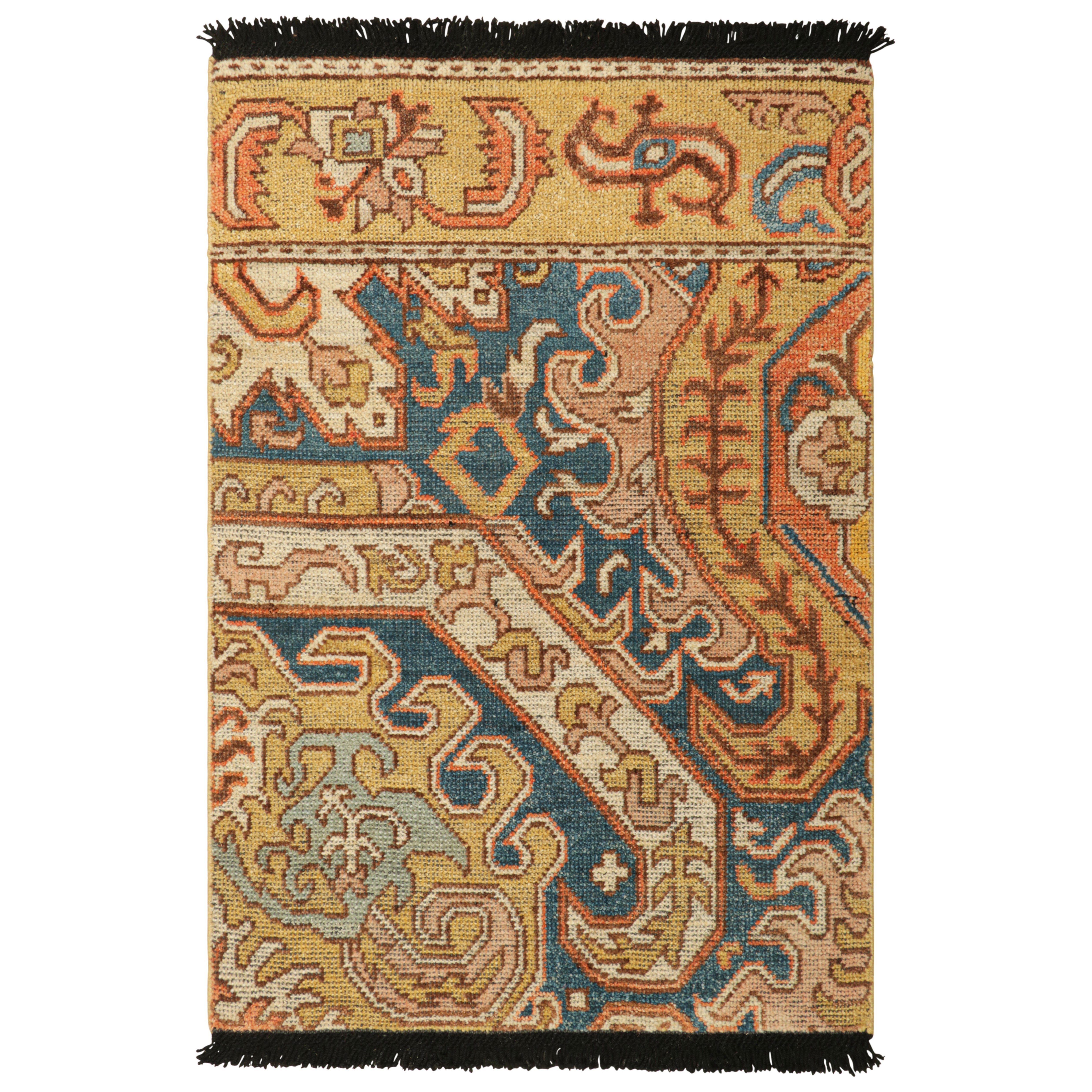 Rug & Kilim’s Dragon Rug in Gold and Blue with Geometric-Floral Patterns