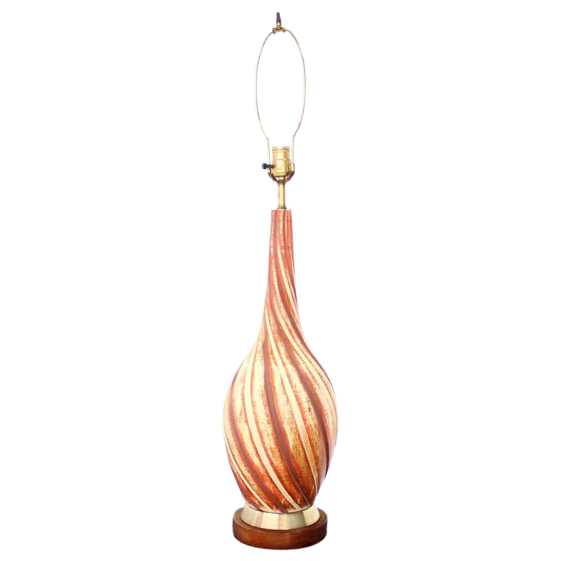 Art Pottery and Walnut "Twisted" Pattern Table Lamp For Sale