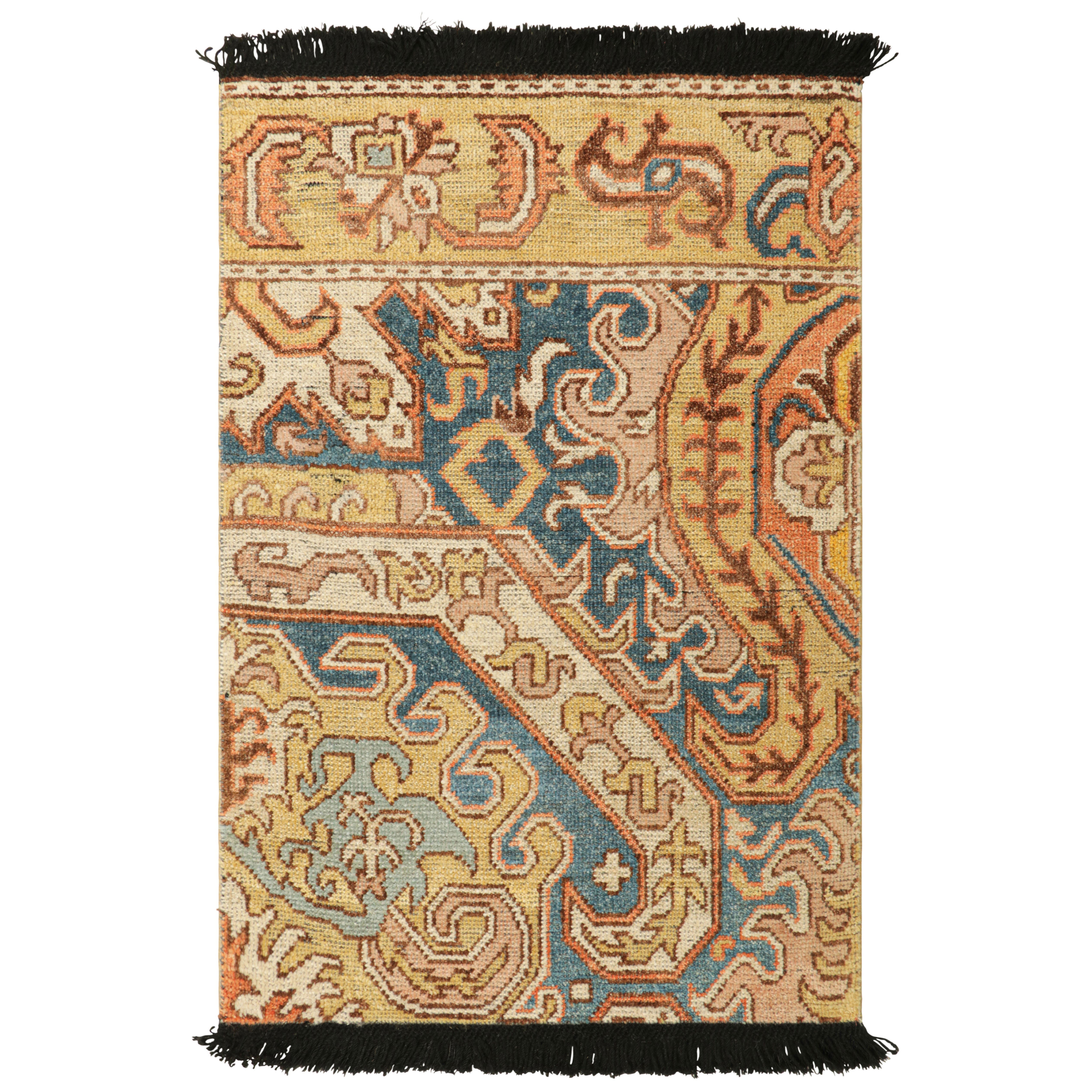 Rug & Kilim’s Dragon Rug in Gold and Blue with Geometric-Floral Patterns
