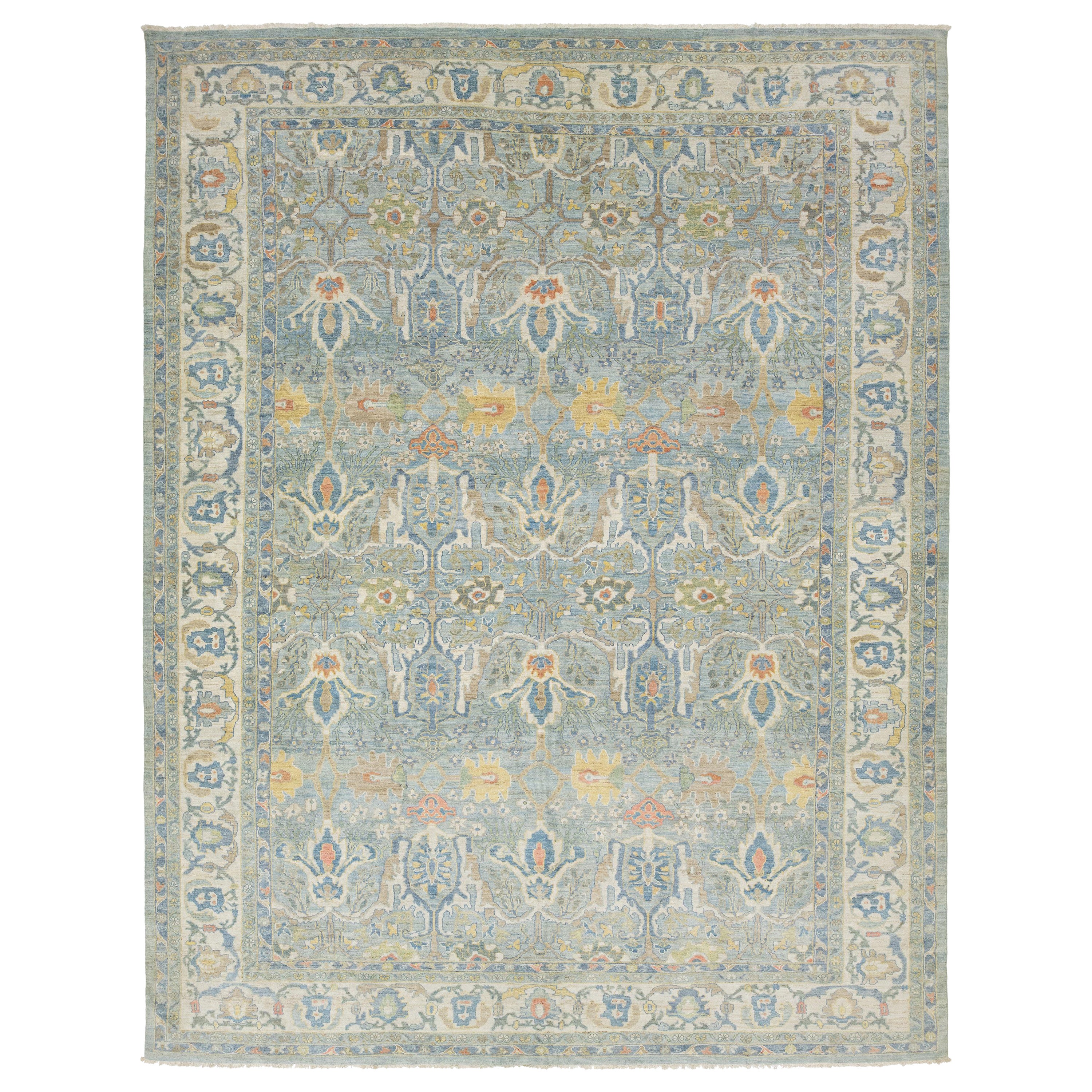 Light Blue Contemporary Sultanabad Wool Rug With Floral Pattern By Apadana