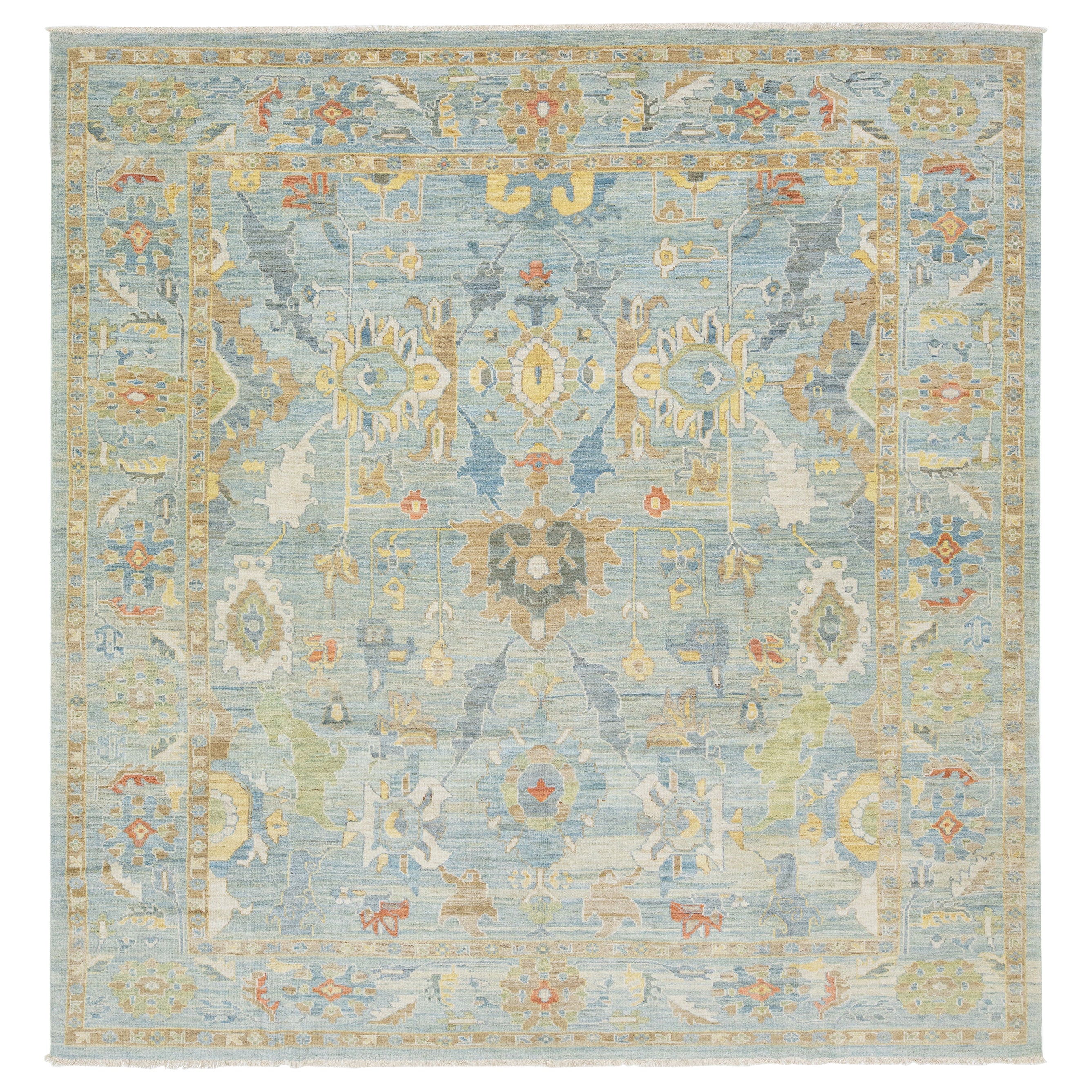 Apadana's Modern Sultanabad Square Wool Rug Handmade In Blue With Floral Design
