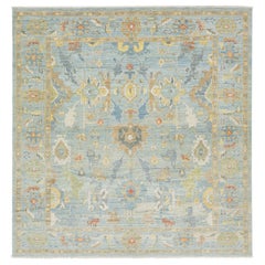 Apadana's Moderner quadratischer Sultanabad-Wollteppich in Blau, handgefertigt in Blau mit Blumenmuster
