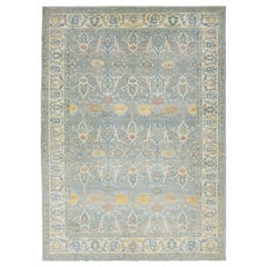 Tapis contemporain en laine Sultanabad d'Apadana, bleu avec motif floral