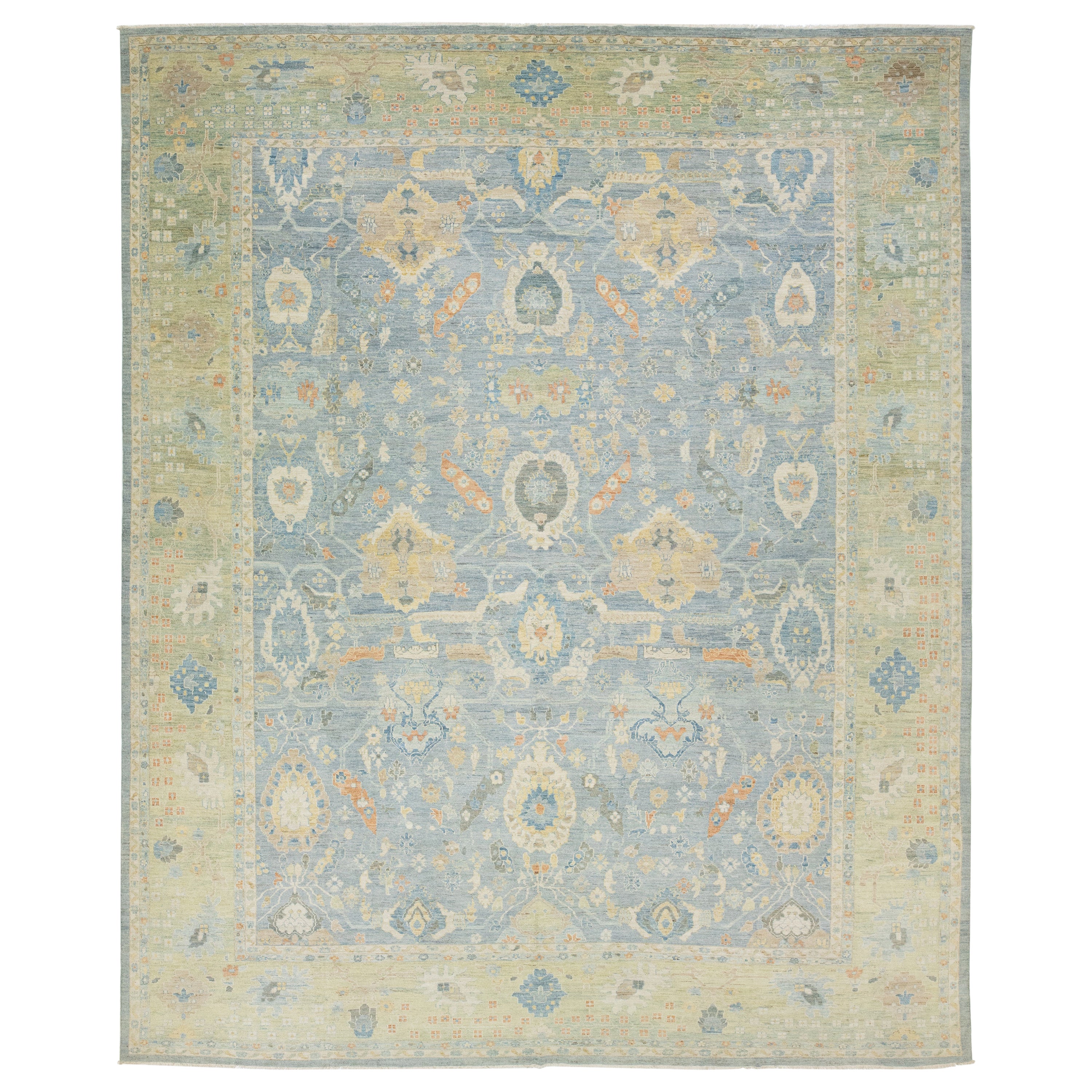 Apadana's Modern Sultanabad Floral Wool Rug Handmade In Blue and Green For Sale