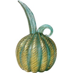 Vintage Barovier Toso Murano Green Gold Flecks Italian Art Glass Ribbed Pitcher Vase