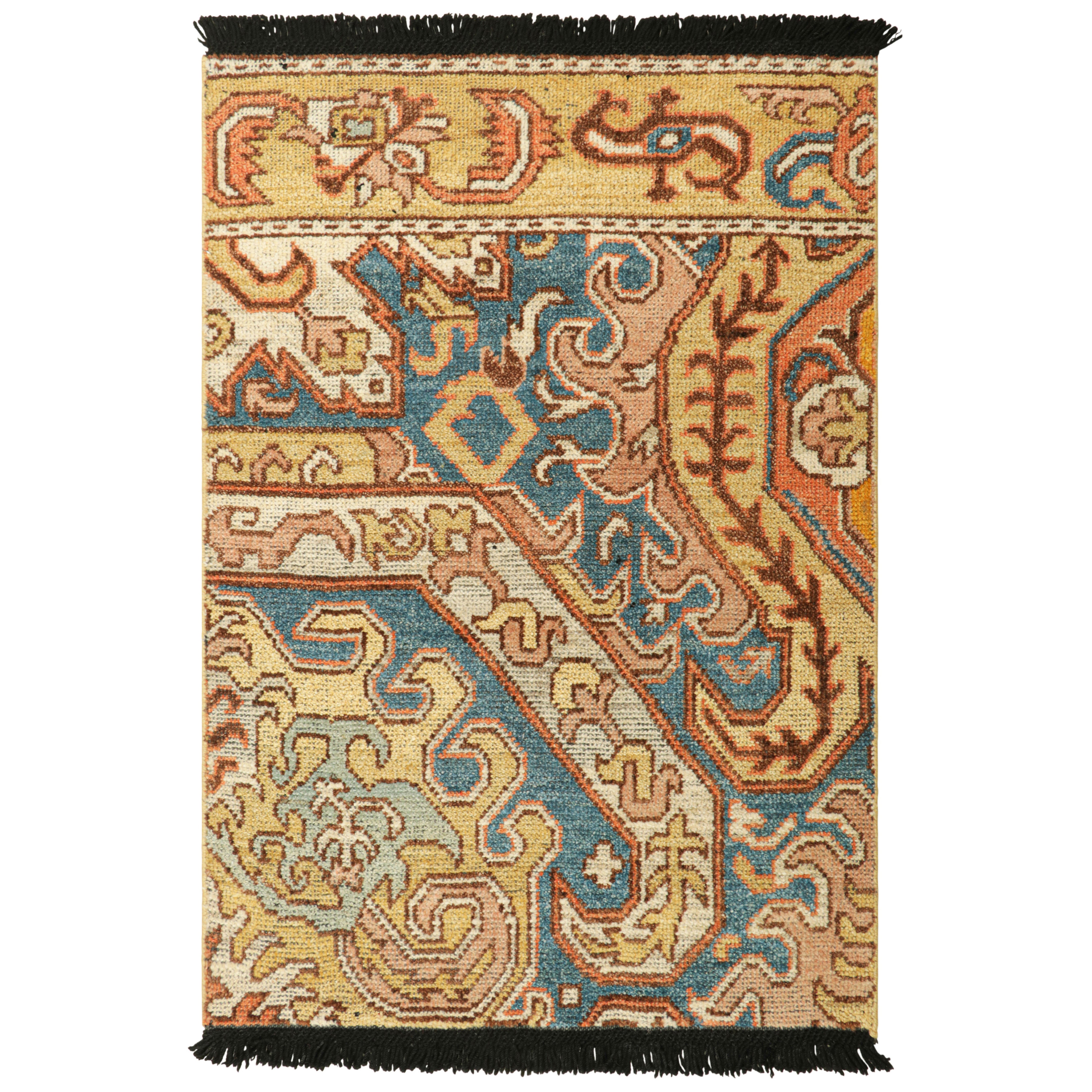 Rug & Kilim’s Dragon Rug in Gold and Blue with Geometric-Floral Patterns For Sale