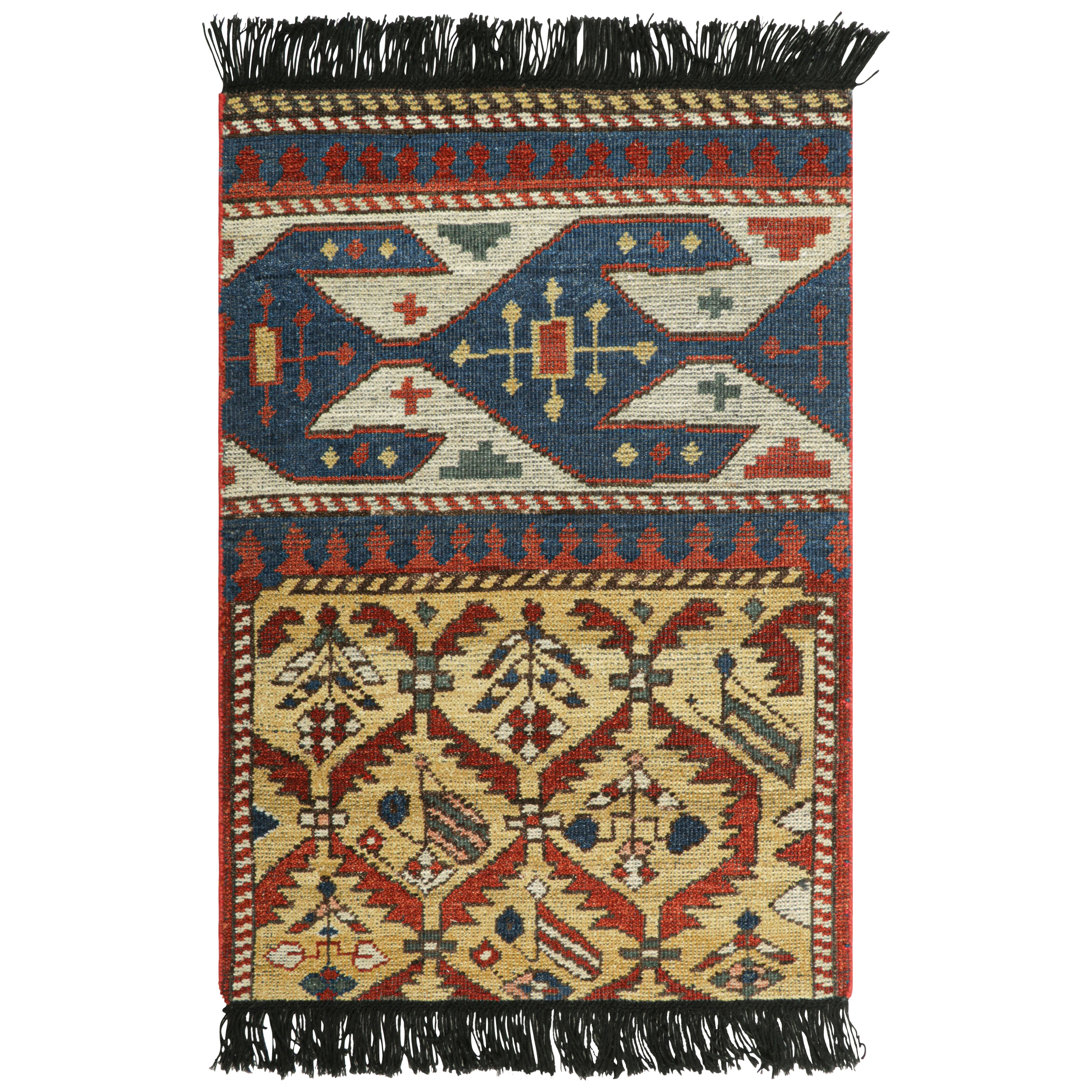 Rug & Kilim’s Caucasian Kuba Style Rug in Gold, Red and Blue with Geometric For Sale