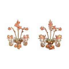 Pair Antique Art Deco Era Pink and Peach Murano Glass Wall Sconces, Circa 1920's