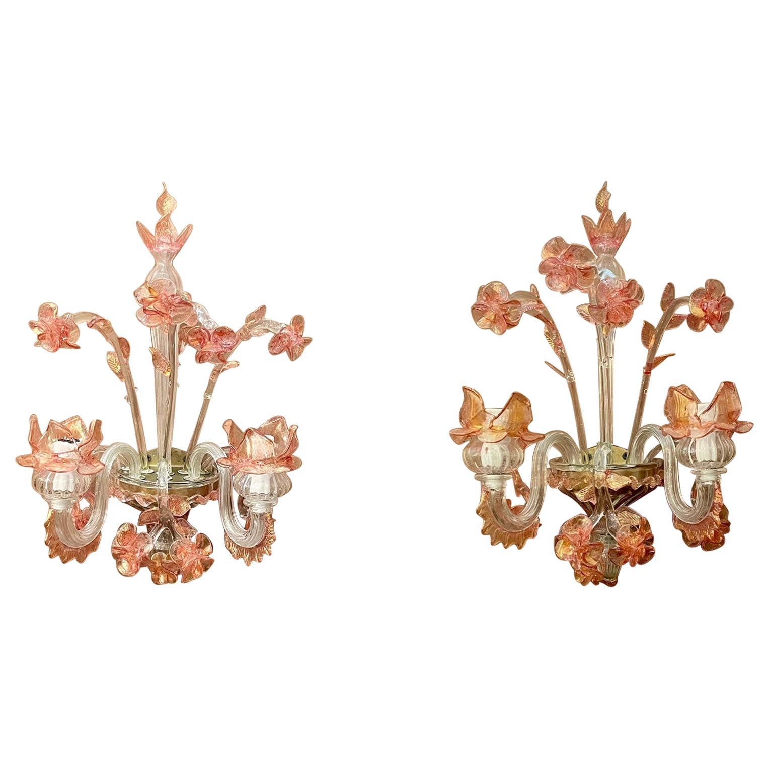 Pair Antique Art Deco Era Pink and Peach Murano Glass Wall Sconces, Circa 1920's