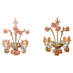 Pair Antique Art Deco Era Pink and Peach Murano Glass Wall Sconces, Circa 1920's