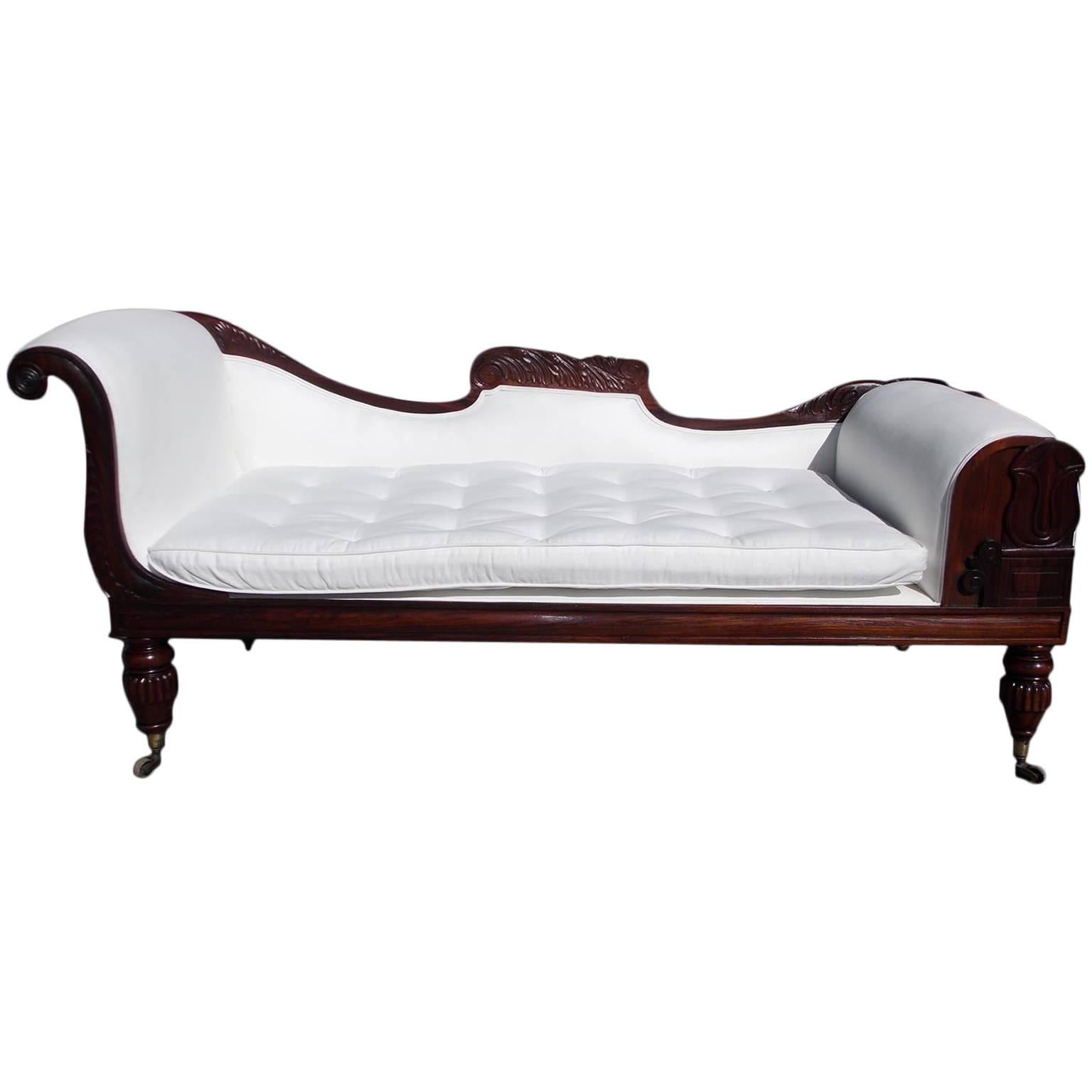 English Regency Kings Wood Carved Lotus Upholstered Recamier, Circa 1810