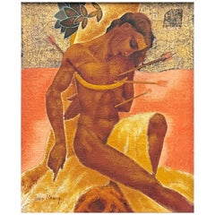 Antique "St. Sebastian in Gold and Coral", Striking Art Deco Painting by Remy, France