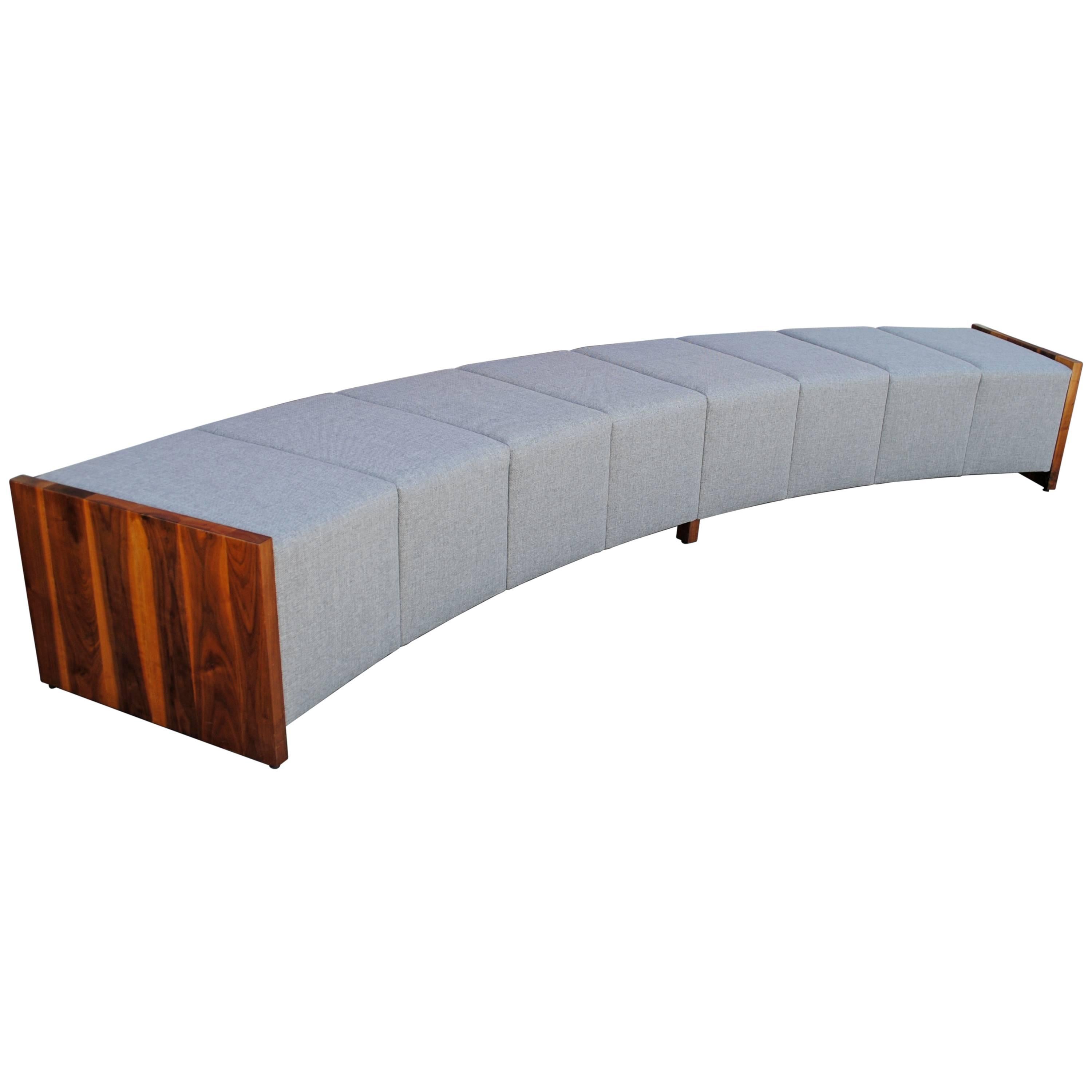 Large Modern Curved Upholstered and Walnut Bench For Sale