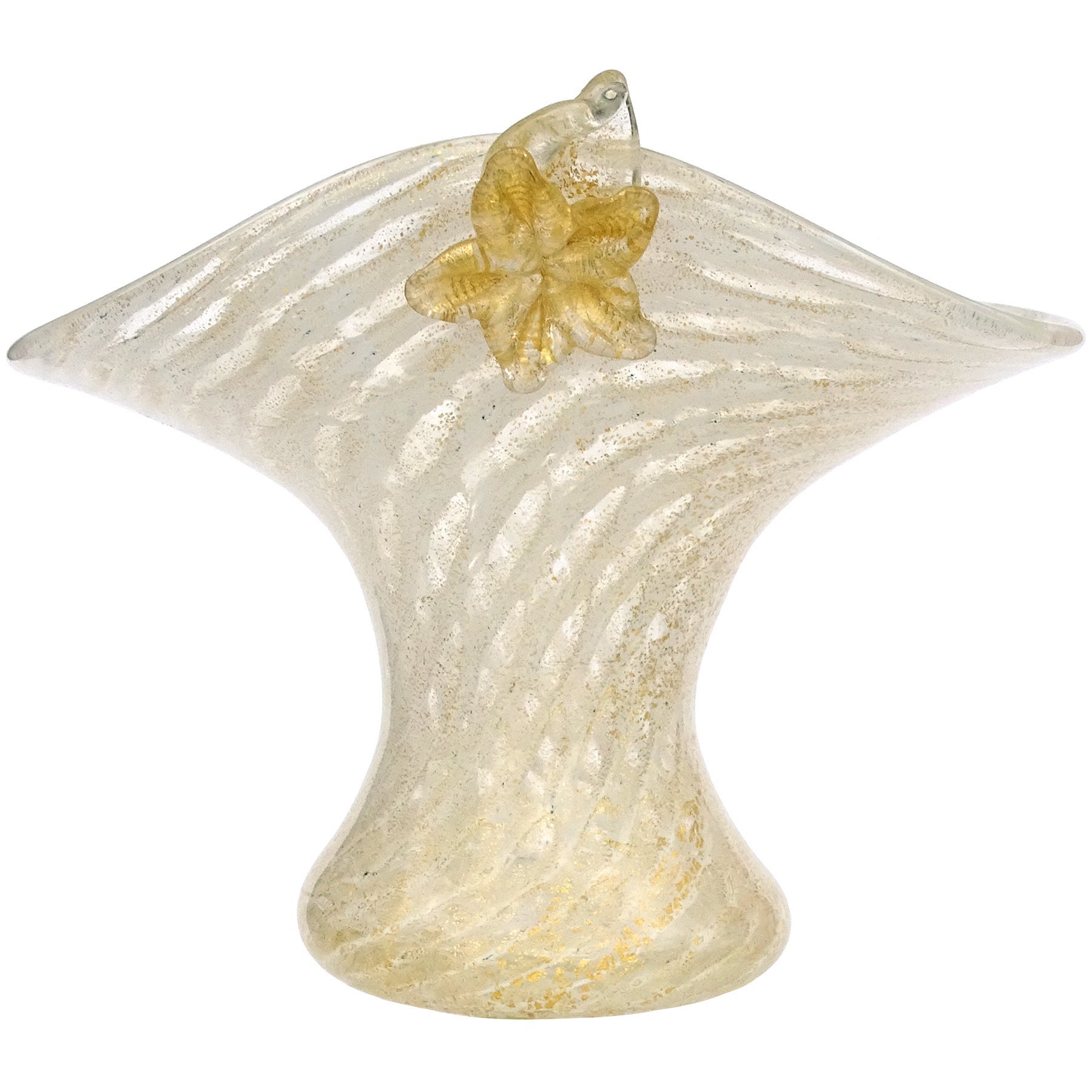 Murano White Swirl Gold Flecks Italian Art Deco Style Glass Applied Flowers Vase