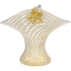 Vintage Murano White Swirl Gold Flecks Italian Art Deco Style Glass Applied Flowers Vase