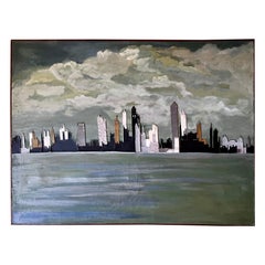 Grande quadro a collage astratto a tecnica mista con skyline di New York, circa 1960