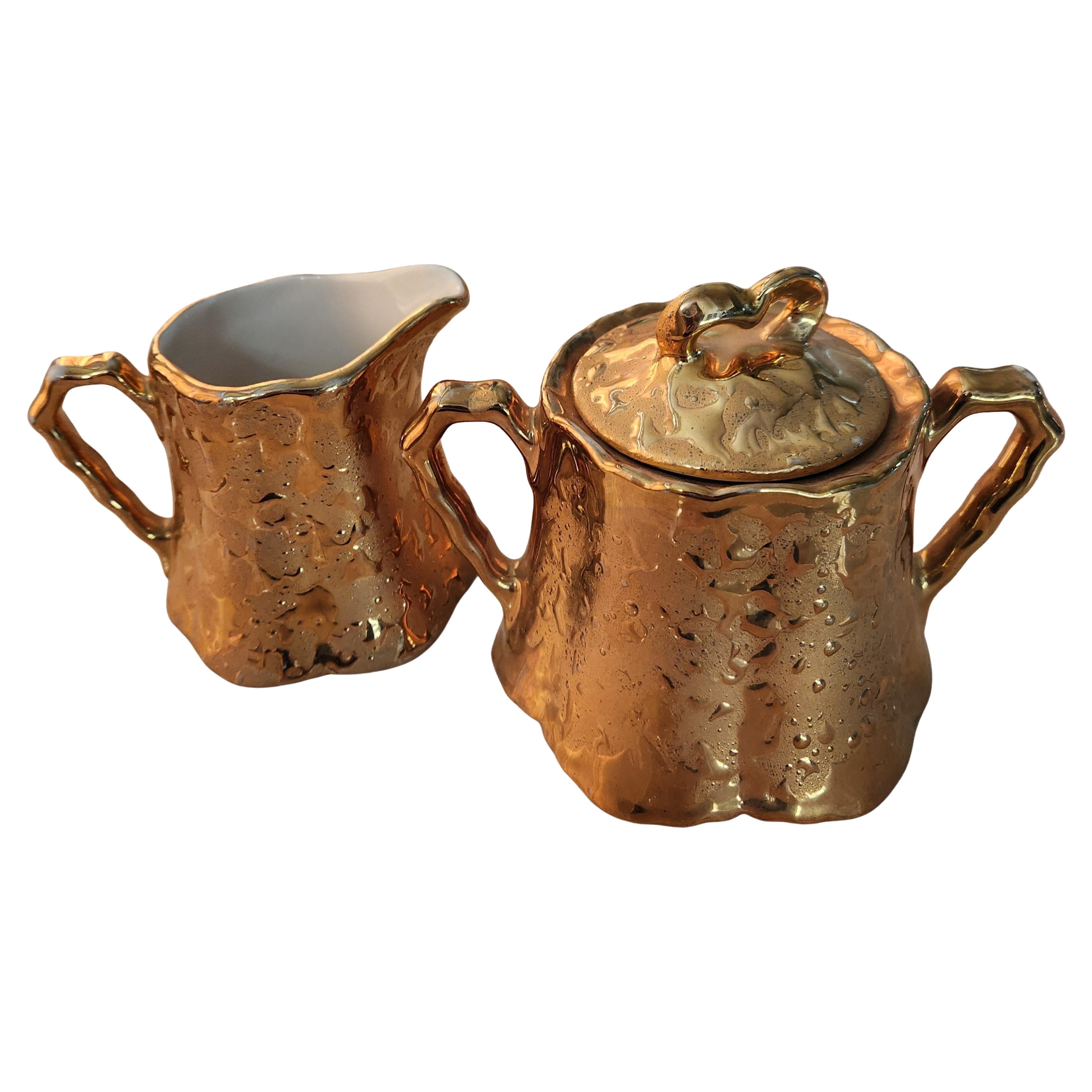 1960s Bel Terr China Weeping Gold Sugar + Creamer Set 22kt