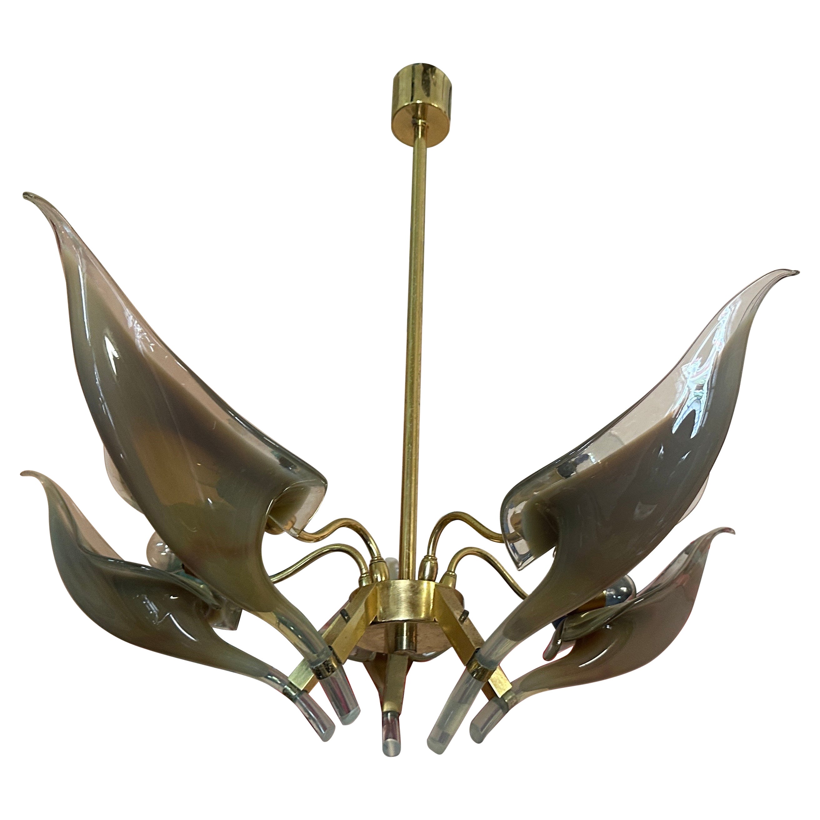 1970er Jahre Mid-Century Modern Brown Murano Glas und Messing Kronleuchter von Franco Luce