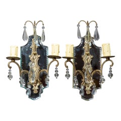 Pair Baguès Mirrored Bronze 2-Light Wall Sconces, France, 1950s