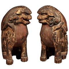 18th Century Pair of Polychrome Wood Shinto Lion-Dogs, Komainu, from Japan