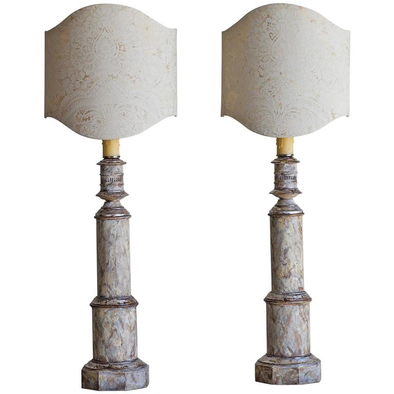 Pair Vintage Painted Italian Lamps, Fortuny Pattern Shield Shades