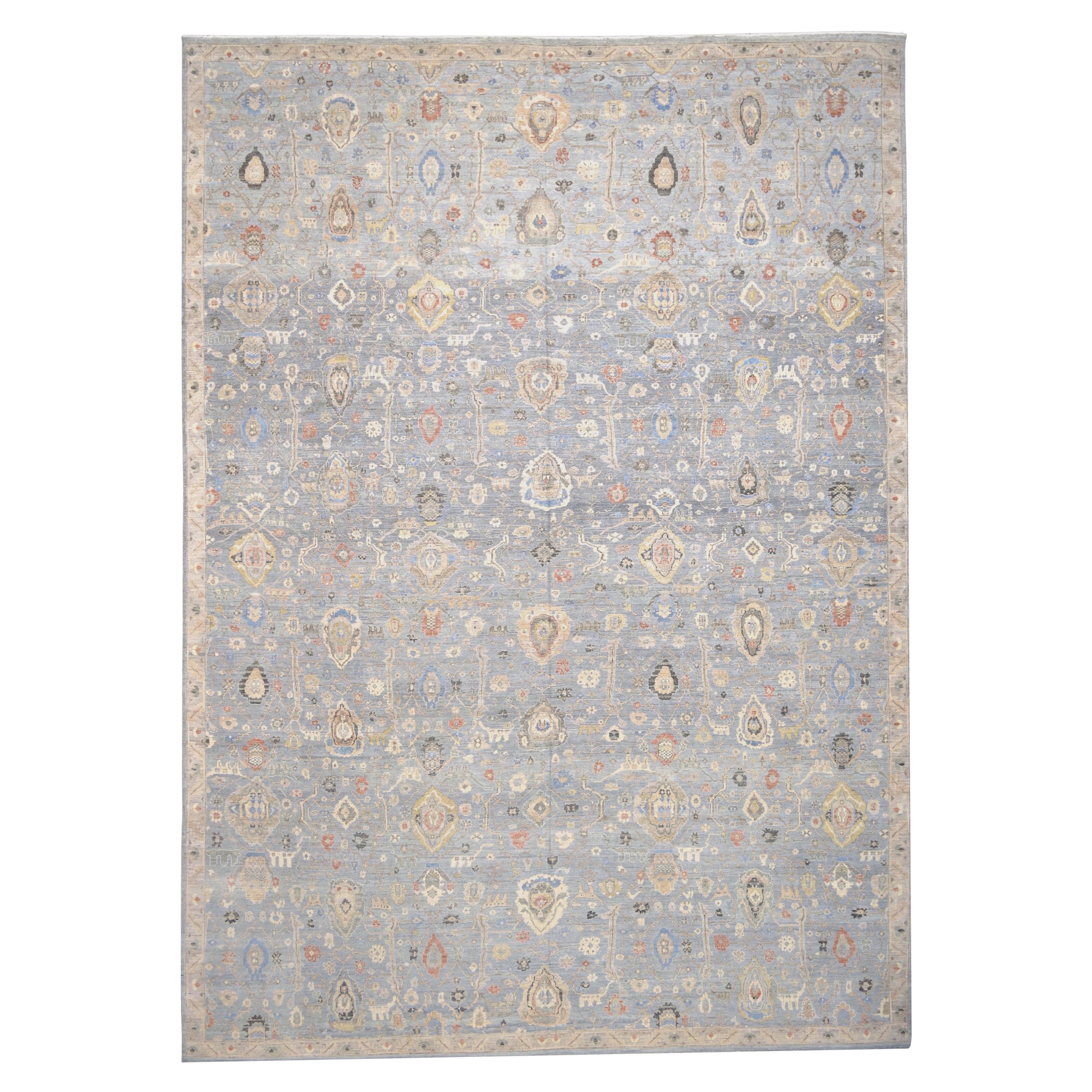 Distressed Mahal Elfenbein und Blau mit buntem Wollteppich 14'x19'7''
