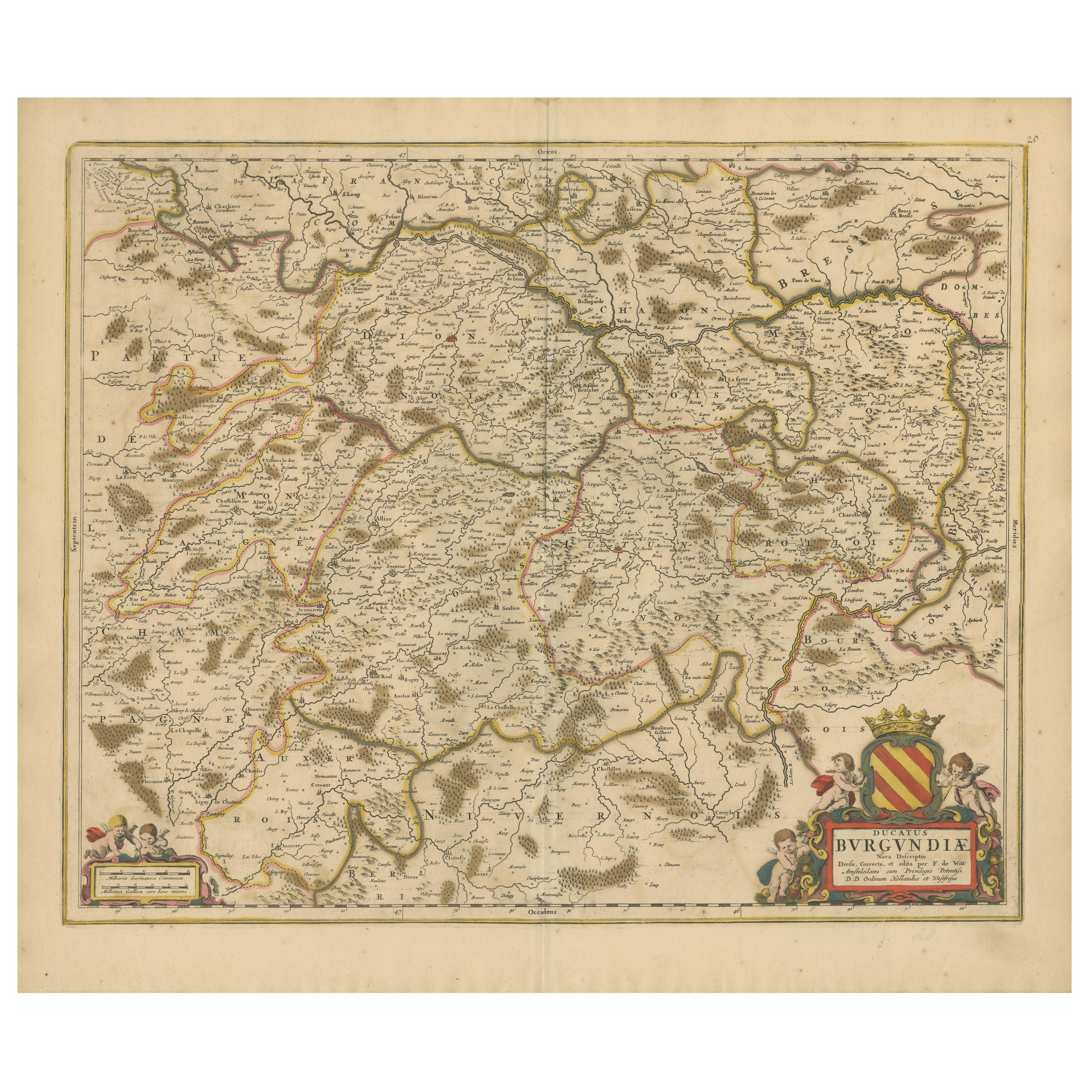 Rare Hand-Colored Map of of the Wine Region Burgundy in France by De Wit, c.1688