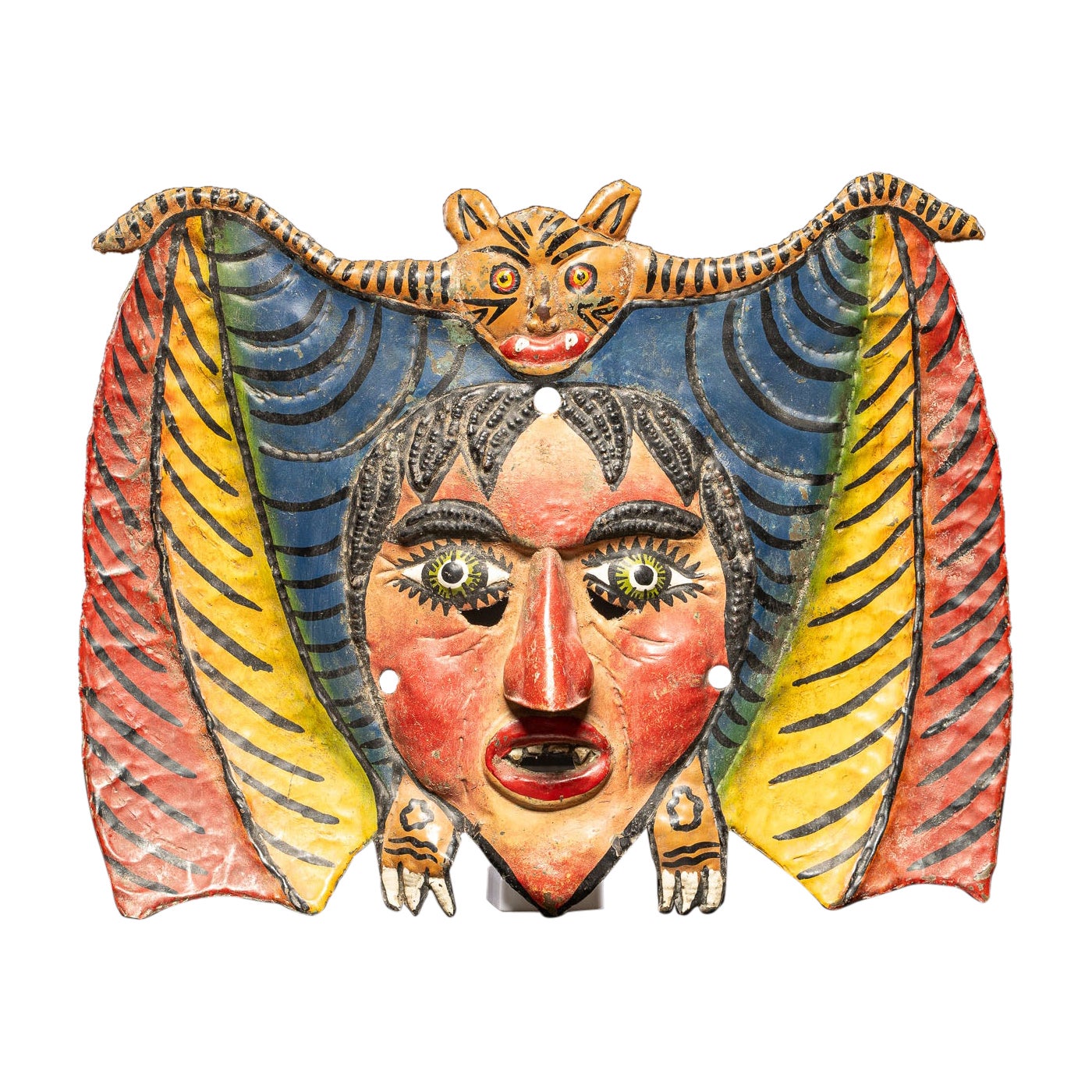 Mexican colourful Bat dance mask, hammered in copper,  Nahua people, 19-20th C For Sale