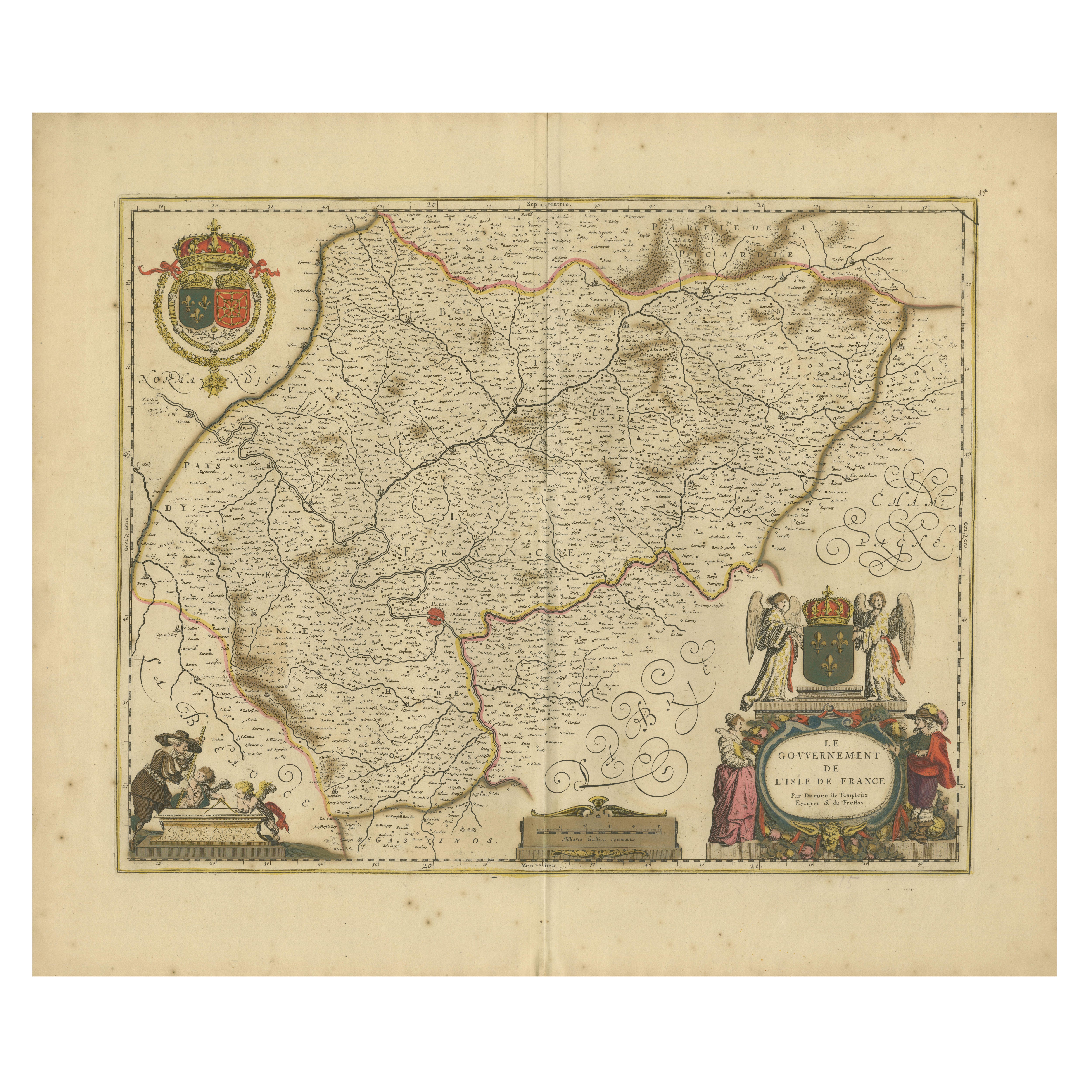 Île-de-France Karte, einschließlich Paris - Handkolorierter Kupferstich von F. De Wit um 1688