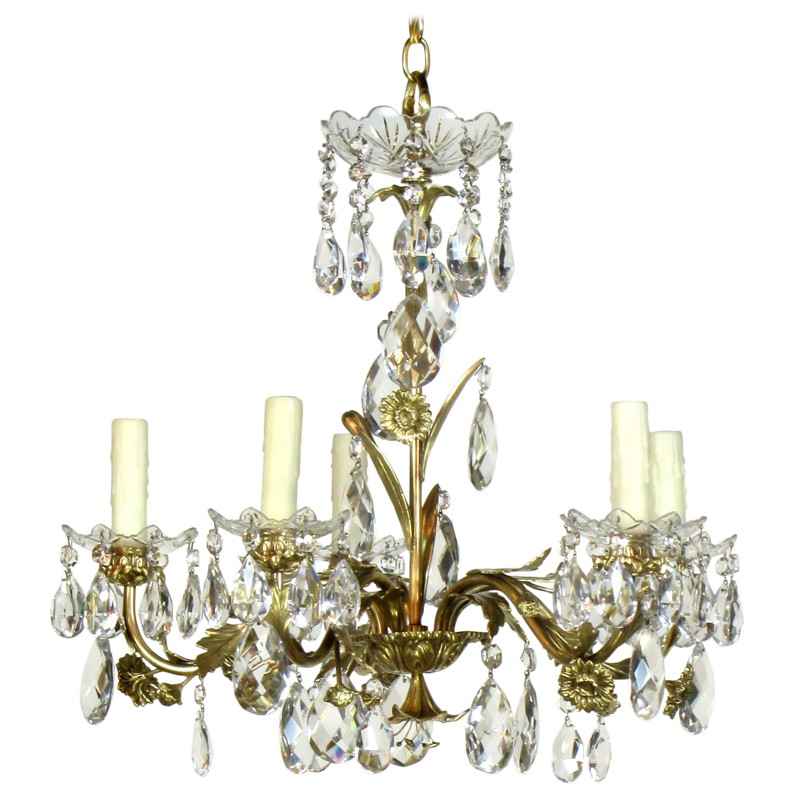 Five-Light Swedish Brass and Crystal Chandelier For Sale