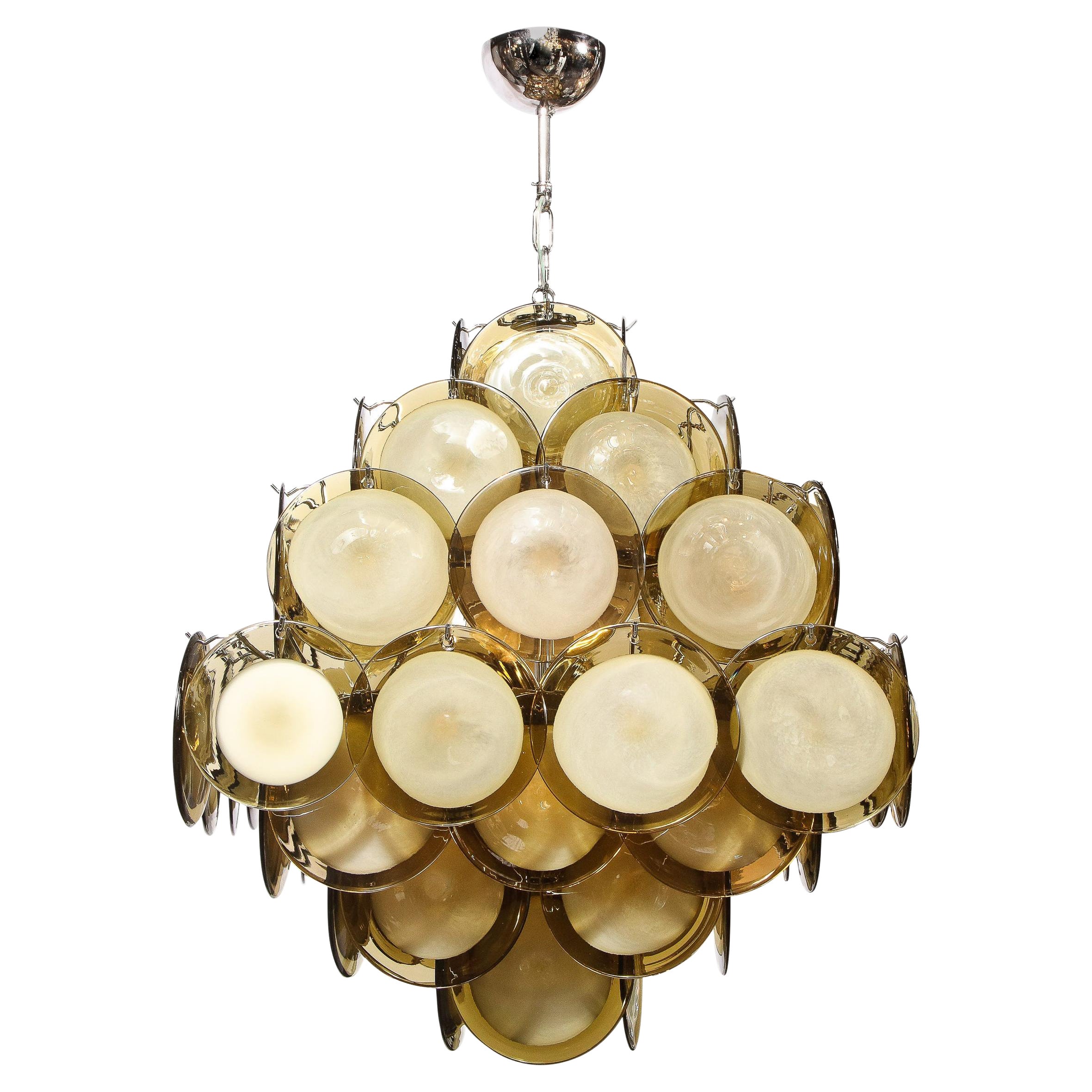 Modernist Pagoda Style Disc Chandelier in Chrome & Hand Blown Murano Topaz Glass