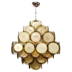 Lampadario a disco in stile pagoda modernista in cromo e vetro di Murano soffiato a mano