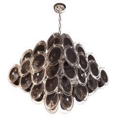 Lustre à disques moderniste en nickel poli et verre de Murano soufflé à la bouche noir et transparent
