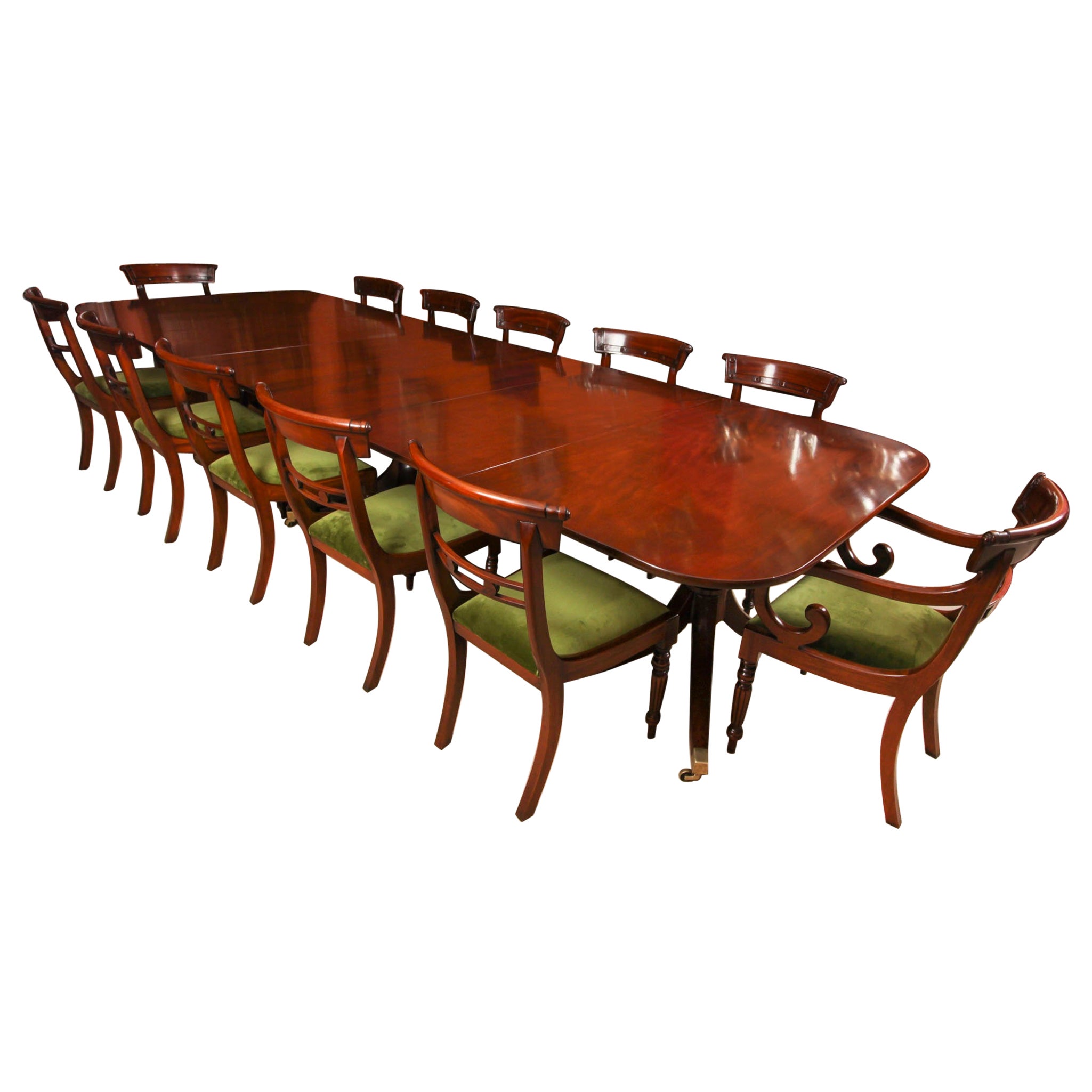 Antique 13ft Regency Triple Pillar Dining Table 19th C & 12 Chairs 20th Century