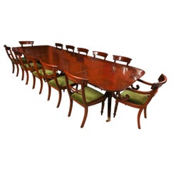 Antique 13ft Regency Triple Pillar Dining Table 19th C & 12 Chairs 20th Century