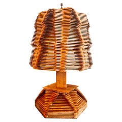 Vintage Folk Art Tramp Art Popsicle Stick Table Lamp with Matched Shade Mcm