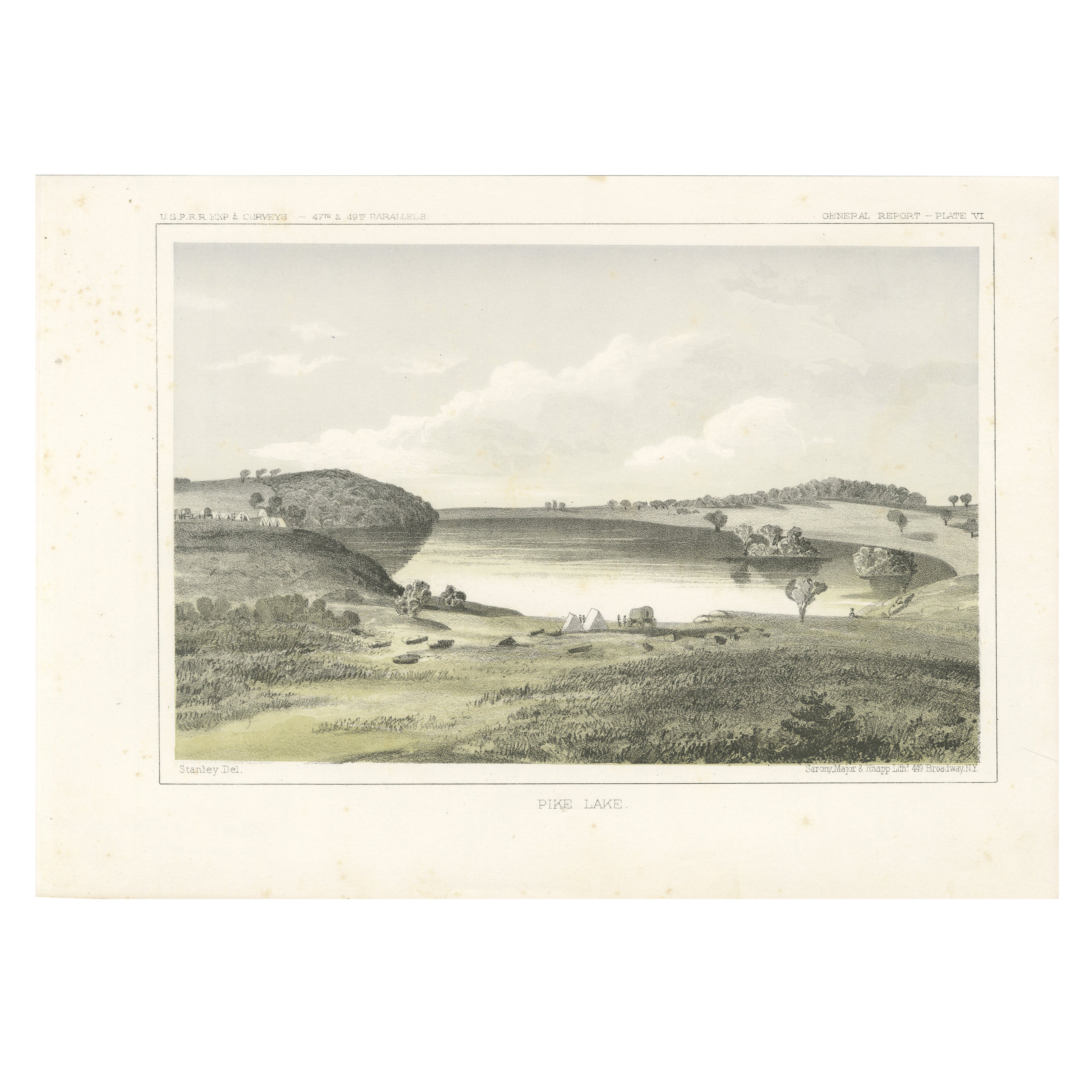 Litografia colorata del lago Pike in Minnesota, Railroad Exploration Survey, 1856