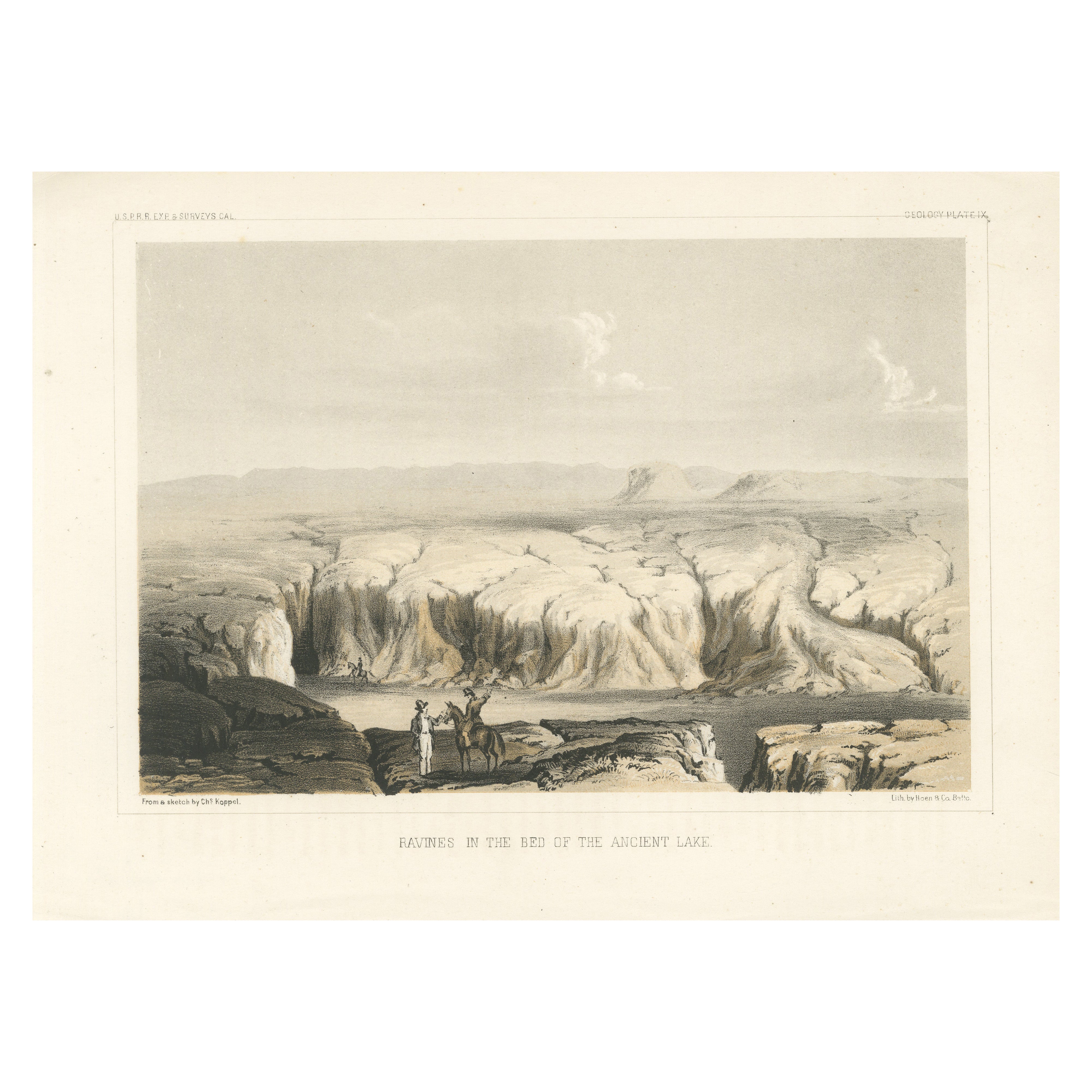 Litografía Tintada de Barrancos en el Lecho del Antiguo Lago en EE.UU., 1856