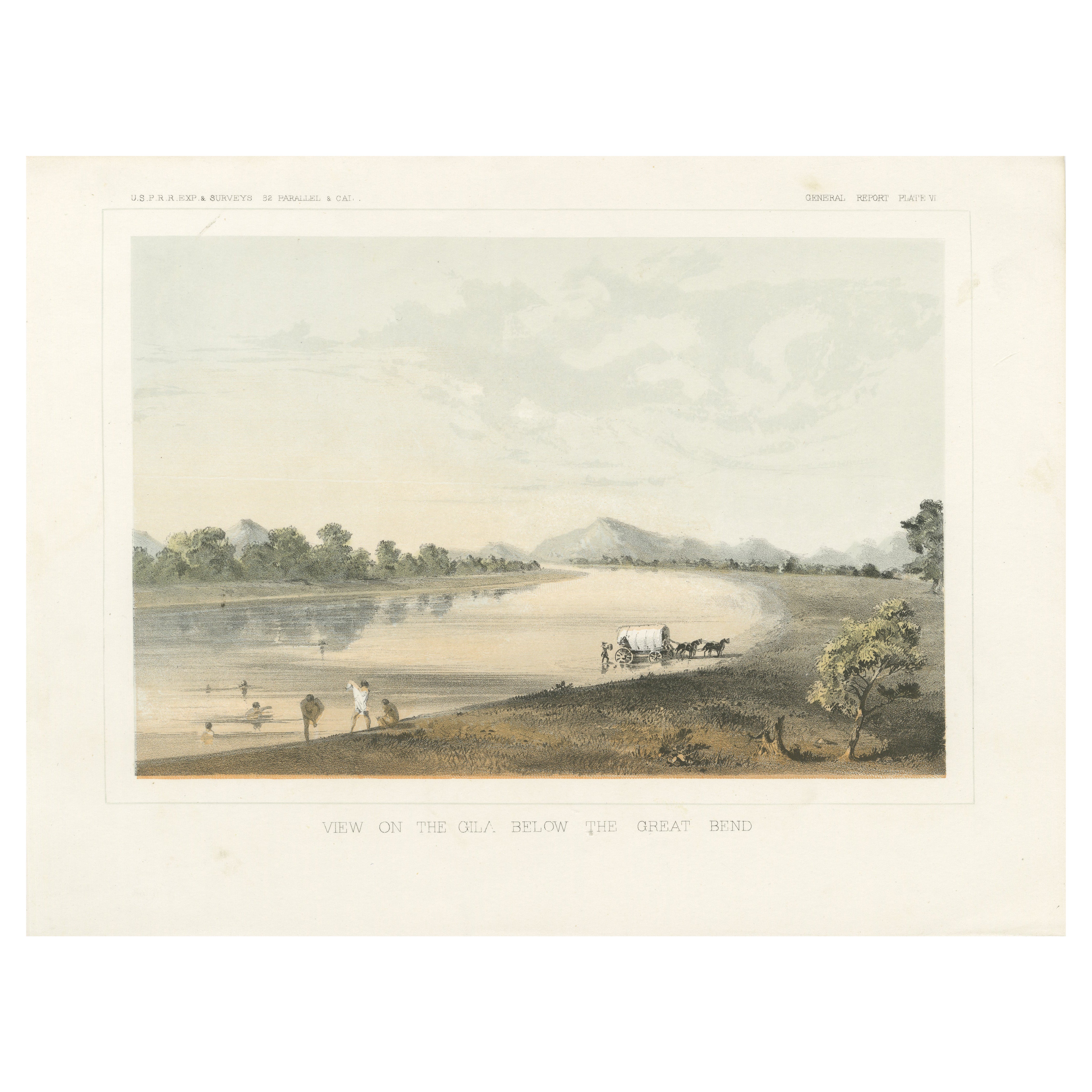 Litografia colorata di una vista sul Gila sotto la Grande Ansa vicino a Phoenix, 1856