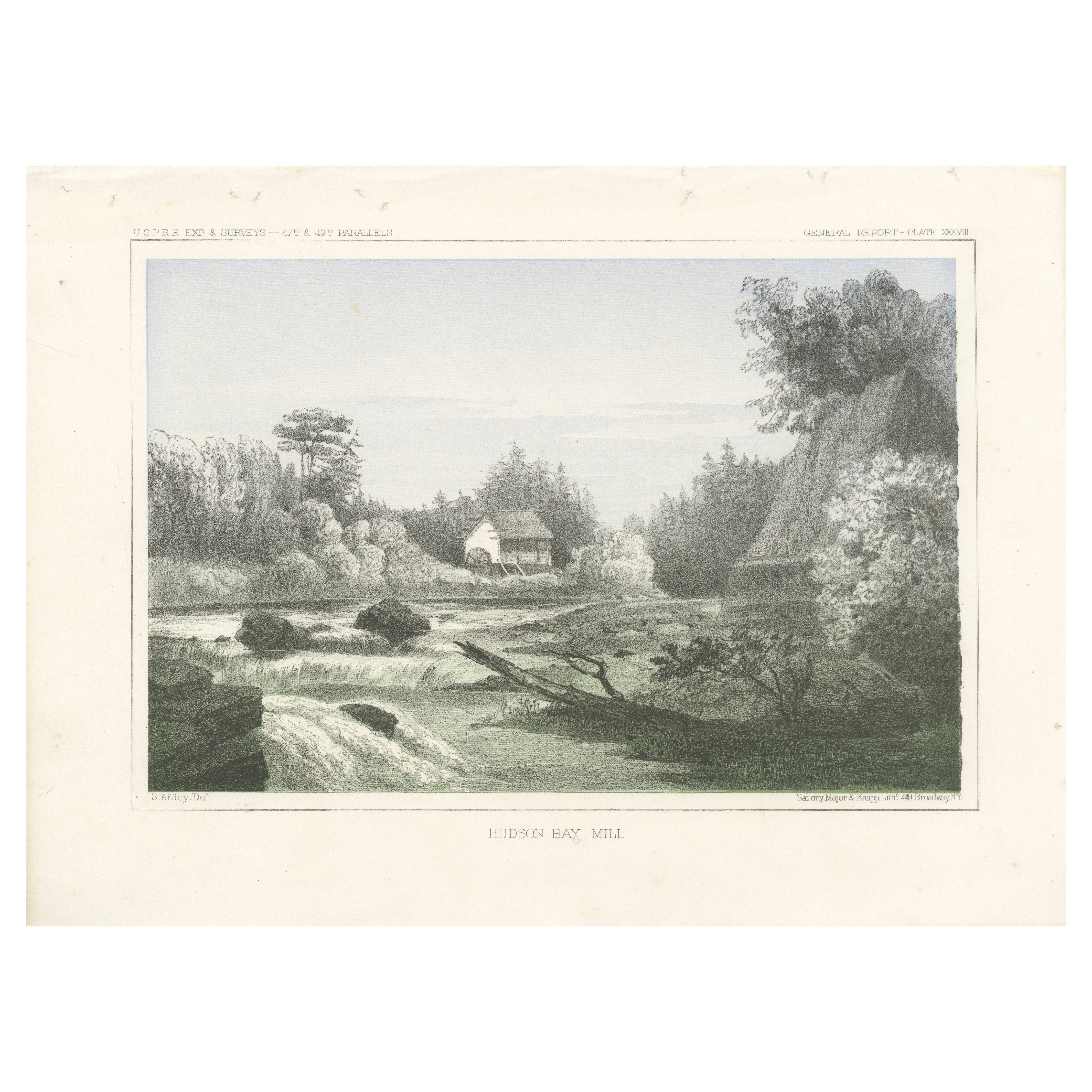 Tinted Lithograph of Hudson Bay Mill, Washington State, 1856