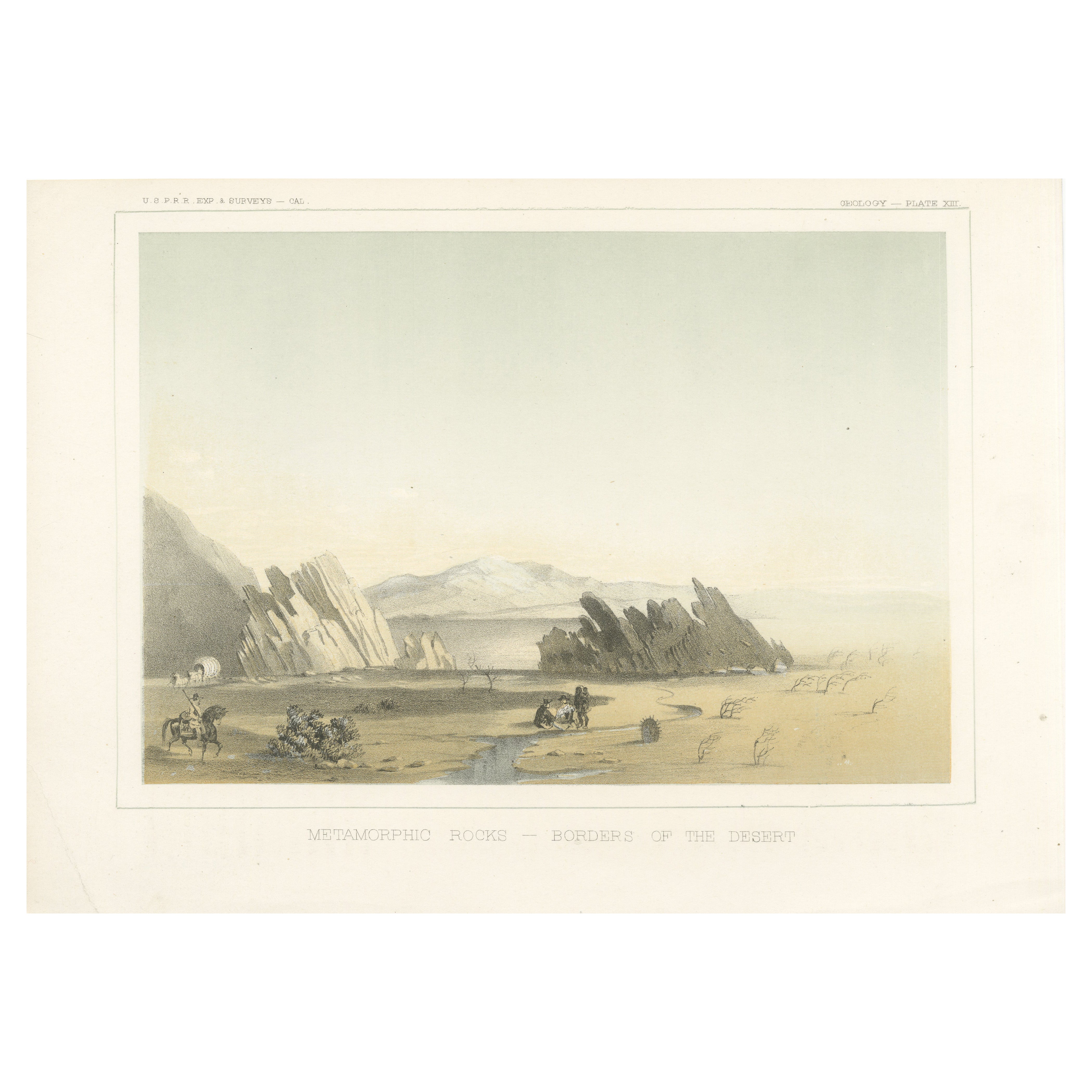 Litografía coloreada de rocas metamórficas en el límite del desierto del Colorado, 1856